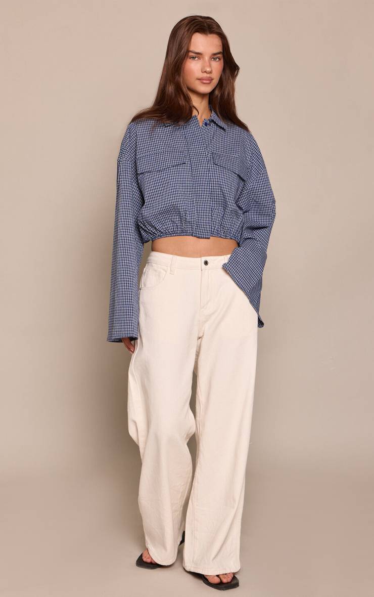 Bleu Chemise Courte À Carreaux Avec Détail Poches Et Ourlet Bouffant