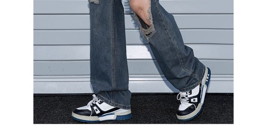 Trimecca - Hoge taille jeans met wijde pijpen en versleten look