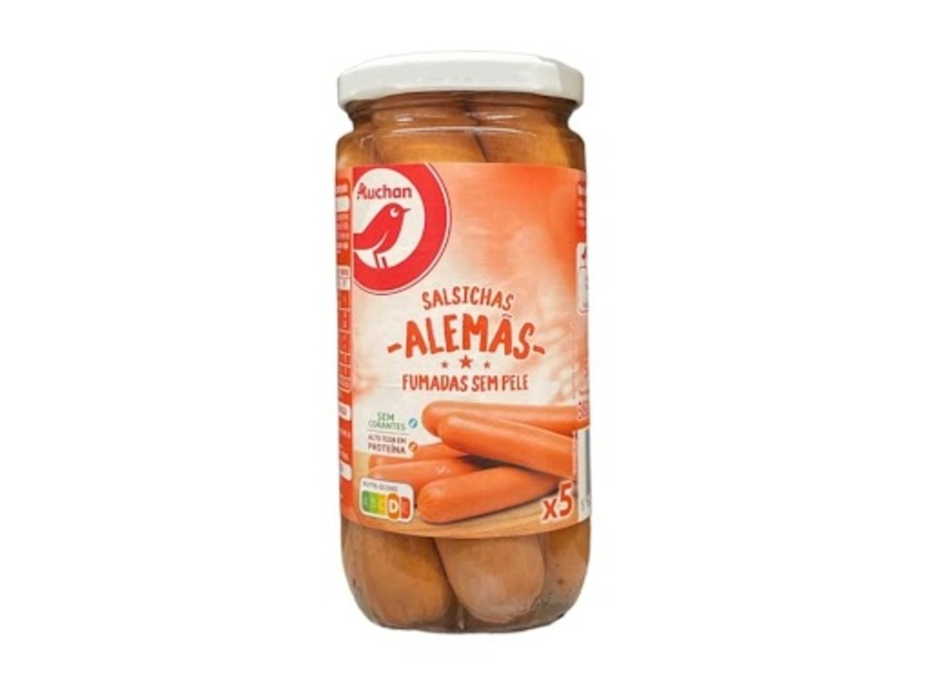 SALSICHAS ALEMÃS AUCHAN FUMADAS S/PELE 5UN 375(250)G
