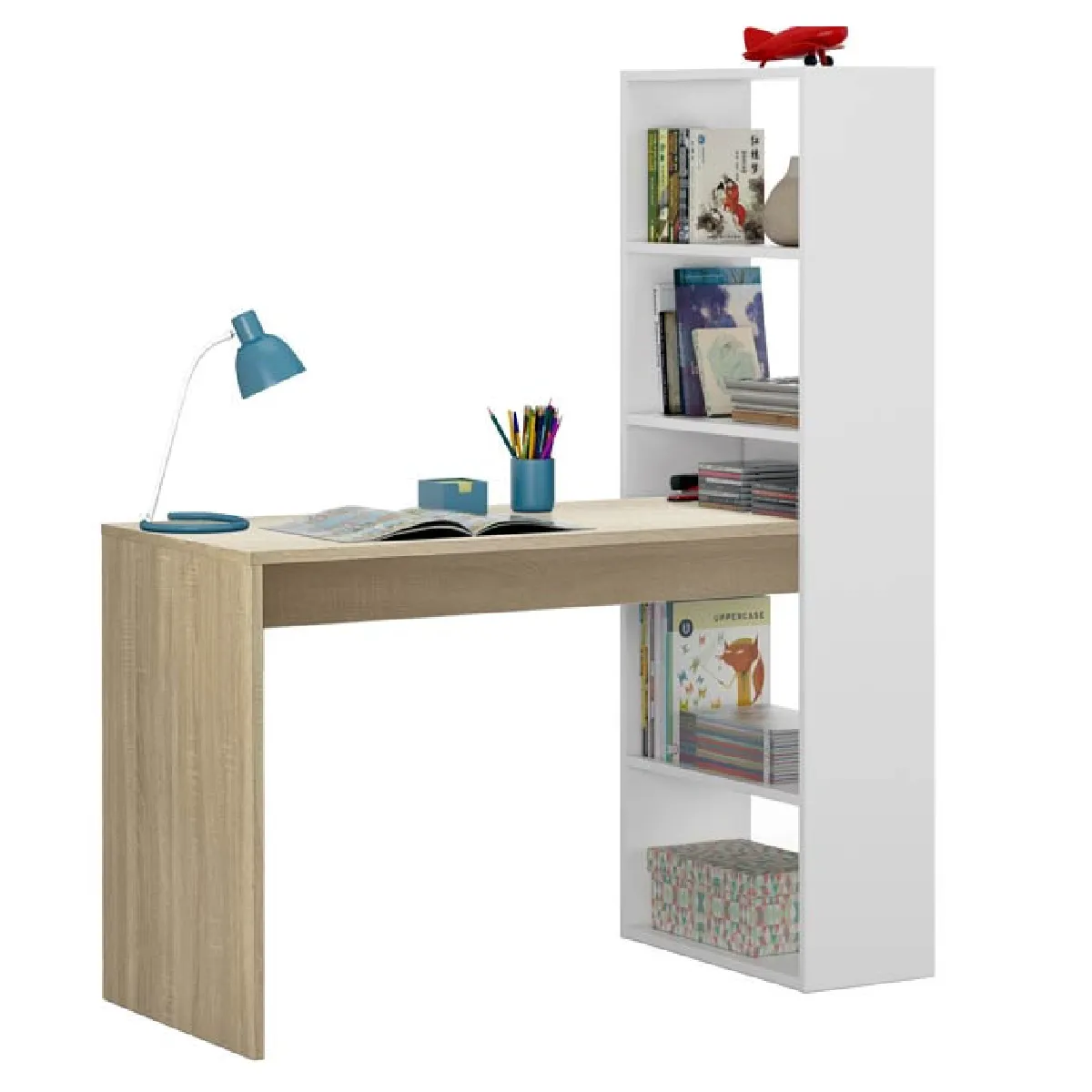 Alter Bureau avec bibliothèque - Blanc/Chêne