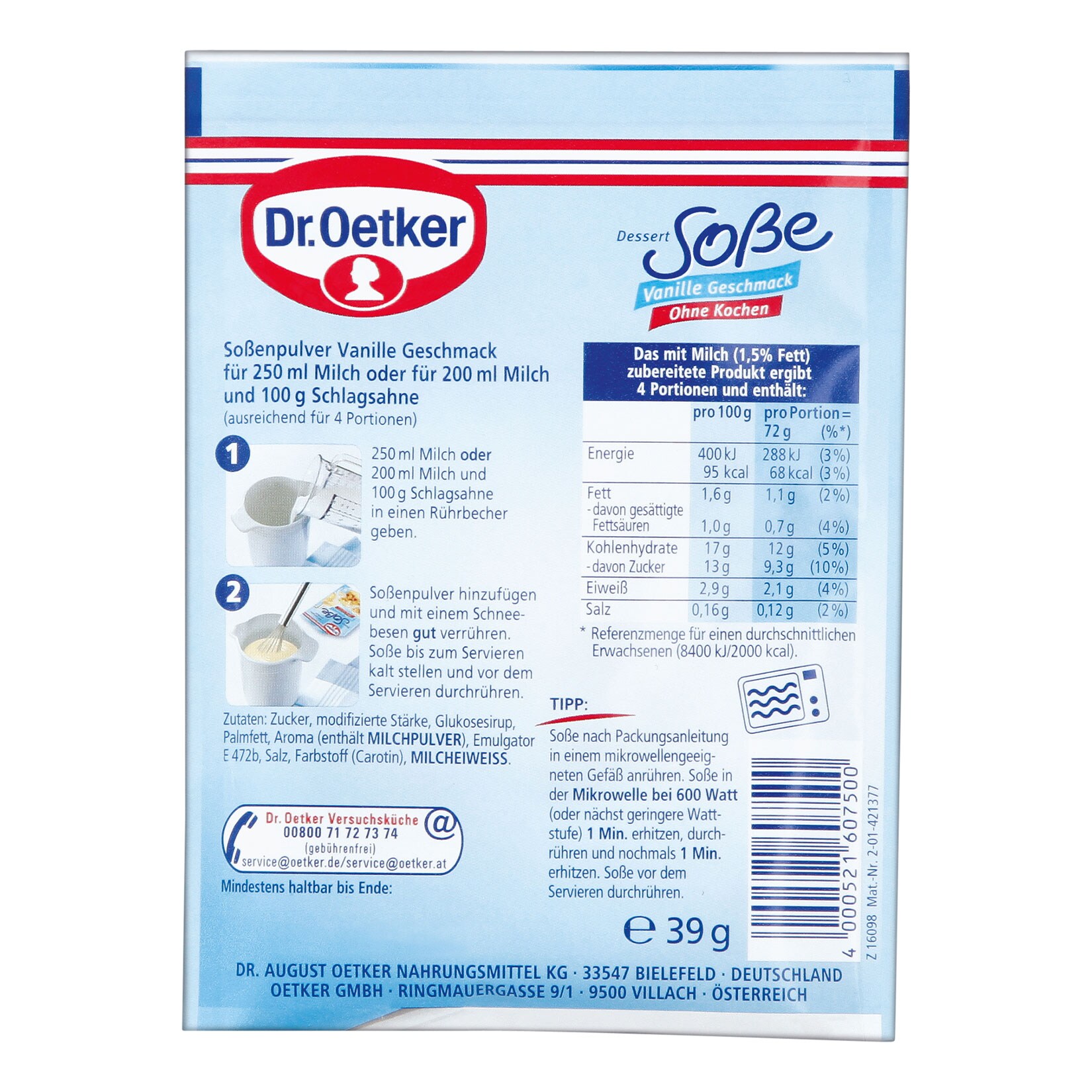 Dr. Oetker Soßenpulver Vanille für 250 ml Milch, 15er Pack