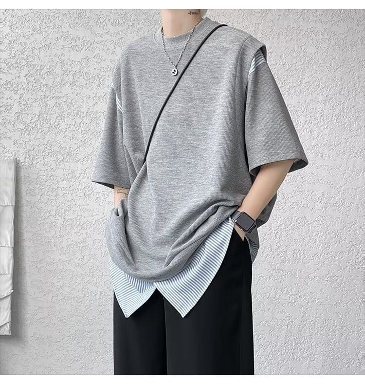 Craltuxe - T-shirt met korte mouwen, ronde hals en krijtstreeppatchwork