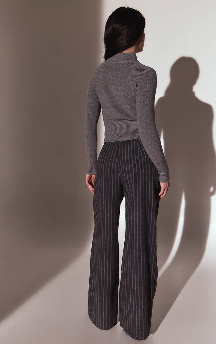 Gris Ardoise Pantalon Large À Fines Rayures Brossé