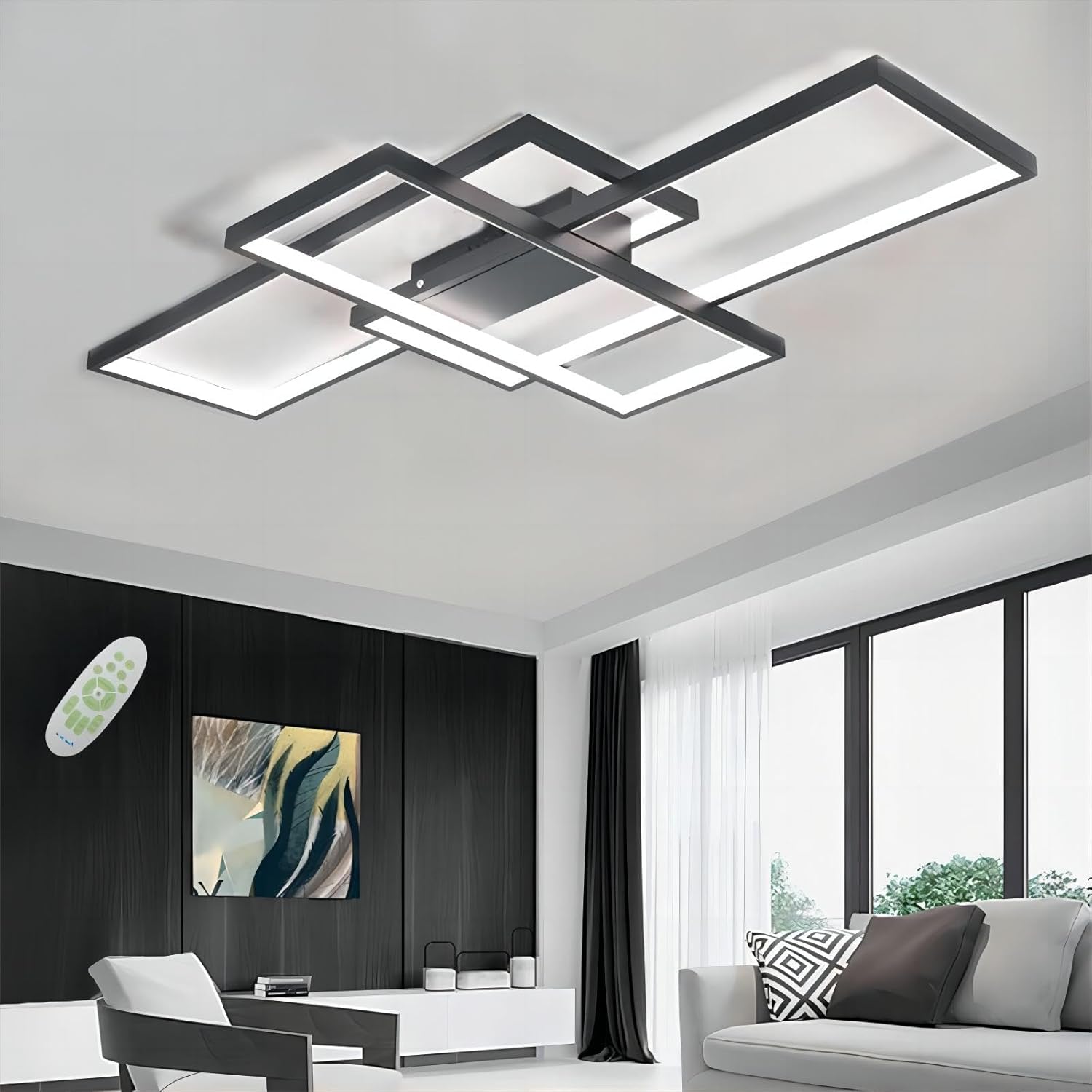 LED Deckenleuchte Schwarz Modern Deckenlampe Wohnzimmer (110x60x9cm), Dimmbar Wohnzimmerlampe mit Fernbedienung, Schlafzimmerlampe, Groß Deckenbeleuchtung Wohnzimmer Schlafzimmer Büro