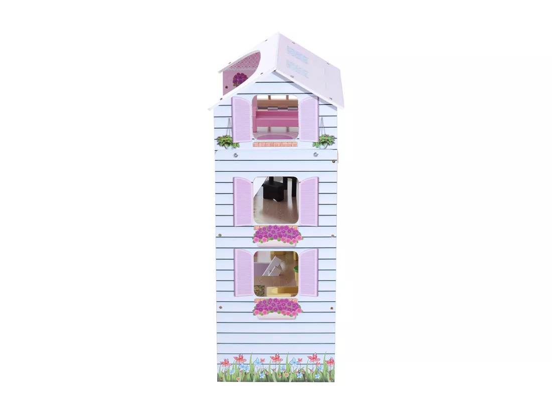 Maison de poupée en bois jeu d'imitation grand réalisme multi-équipement 60L x 30l x 80H cm blanc et rose