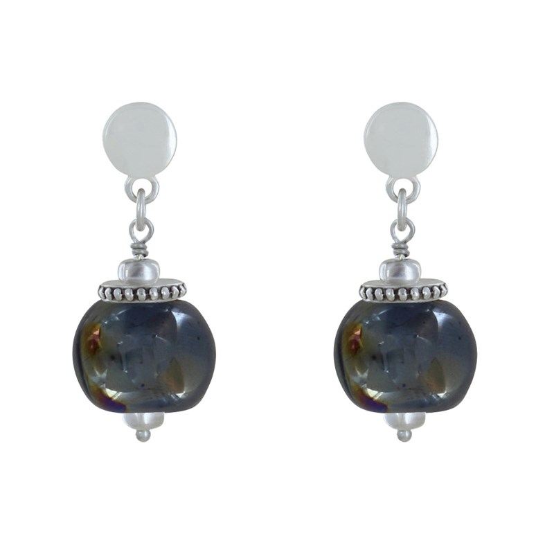 Boucles d'Oreilles Clous Métal Argenté et Grosses Perles en Céramique