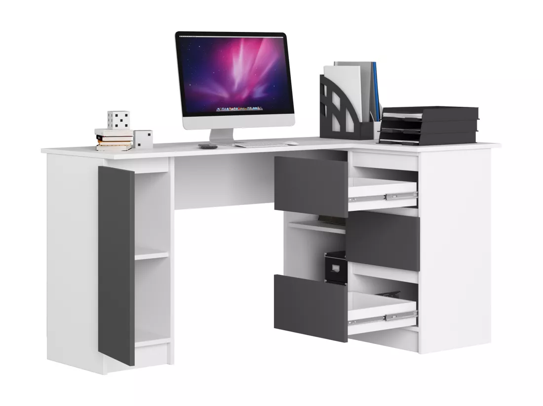Grand bureau d'angle AKORD droit B20 Blanc 155 cm 1 porte 3 tiroirs façade Gris Graphite 4 étagères 155x85x77 cm