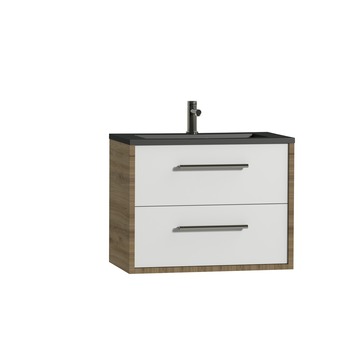 Tiger Badkamermeubel Boston 80 cm Chalet Eik met Polybeton Wastafel Mat Zwart en Ronde Grepen RVS
