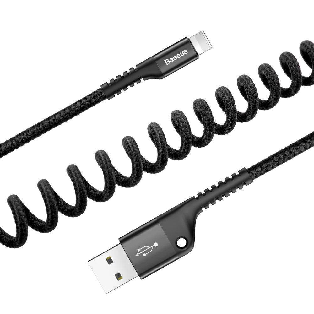(bis 1m) 2A USB A auf Lightning Spiral Ladekabel Flexibles Datenkabel Nylon Geflecht - Schwarz