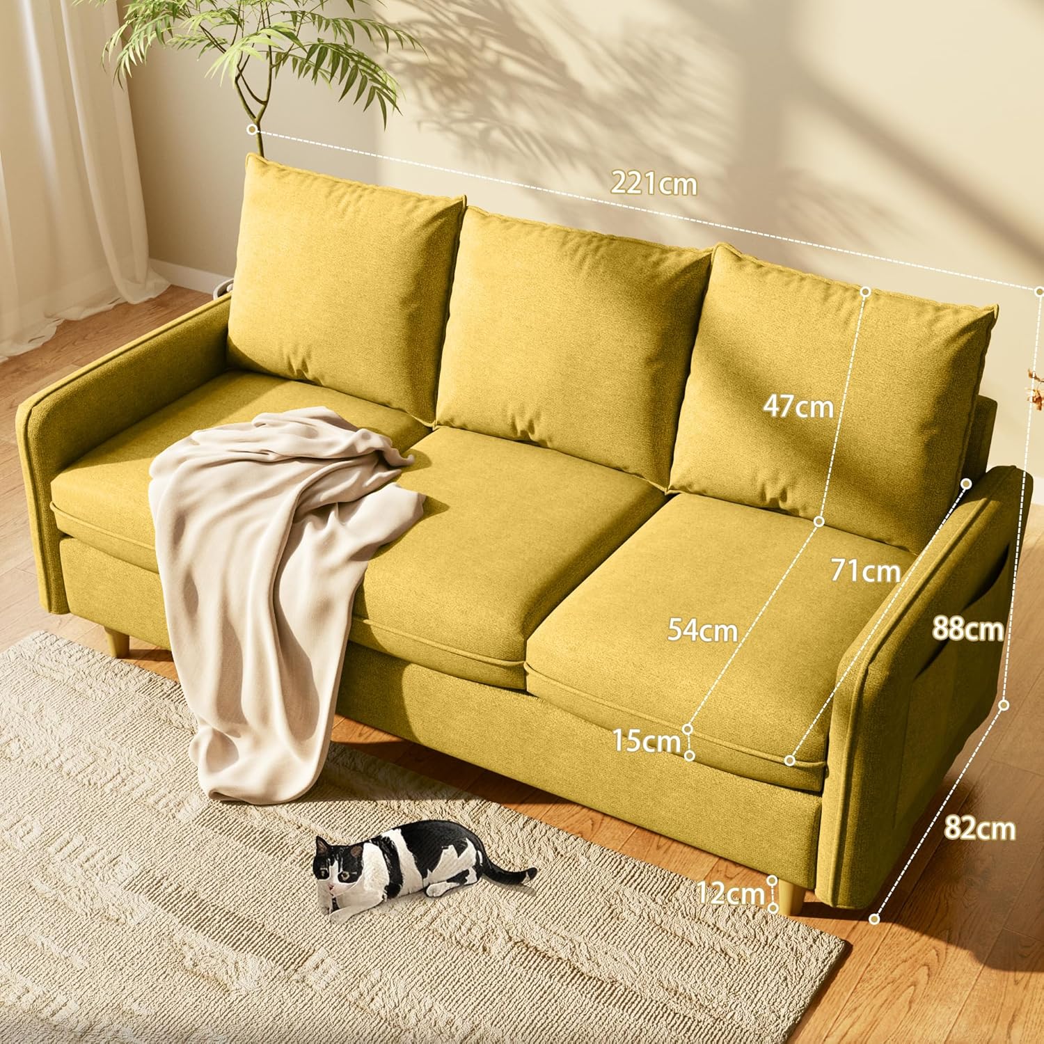 3-Sitzer +2-Sitzer Sofa, Kleines Sofa mit Massivholzbeinen und Seitentaschen, Abnehmbare Bezüge, Kurzplüschstoff Couch für Wohnzimmer, Schlafzimmer, Büro, Wohnung,Gelb (221+147 cm)