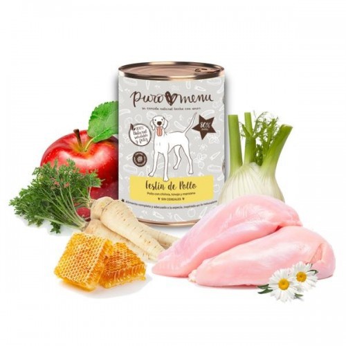 Pacote com 12 latas de ração úmida Puromenu para cães, sabor frango.