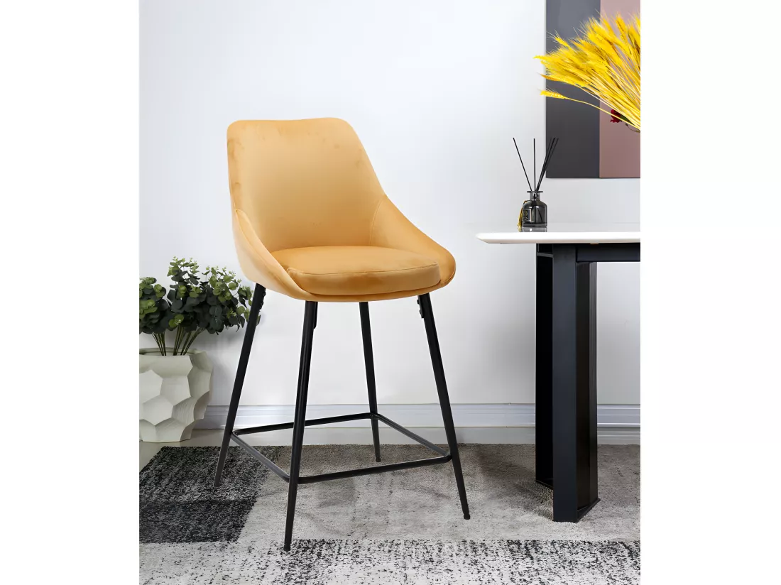 Lot 2 tabourets de bar en velours jaune et piètement métal - JAZZY