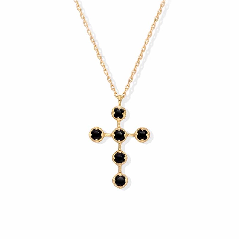 Collier Argent Doré Croix Antique Spinelle Noire