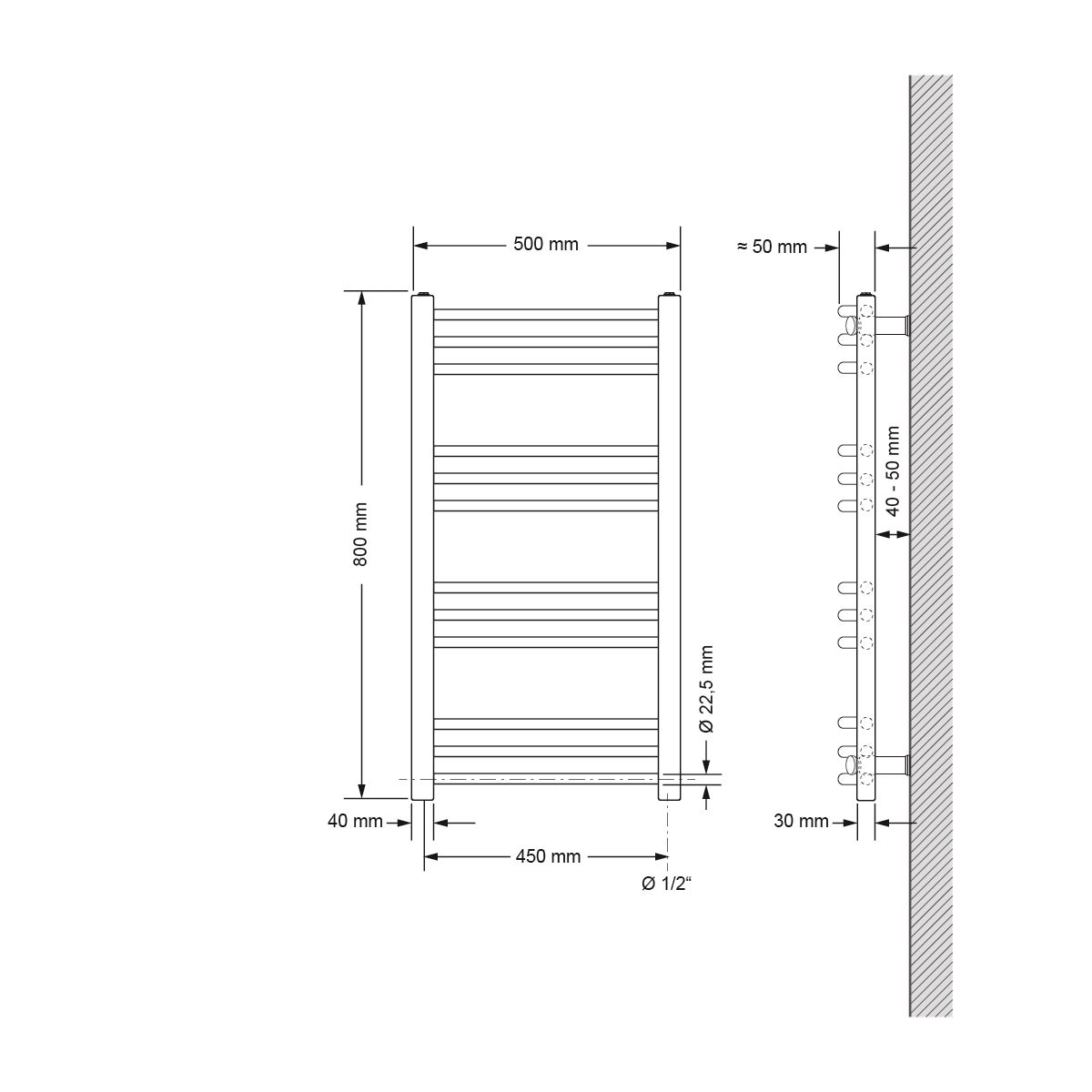 ECD Duitsland Elektrische badkamerradiator 500 x 800 mm met 600W verwarmingselement ECO Chroom Gebogen met zijaansluiting - Designradiator Handdoekverwarmer Handdoekdroger Handdoekradiator Handdoekverwarmer