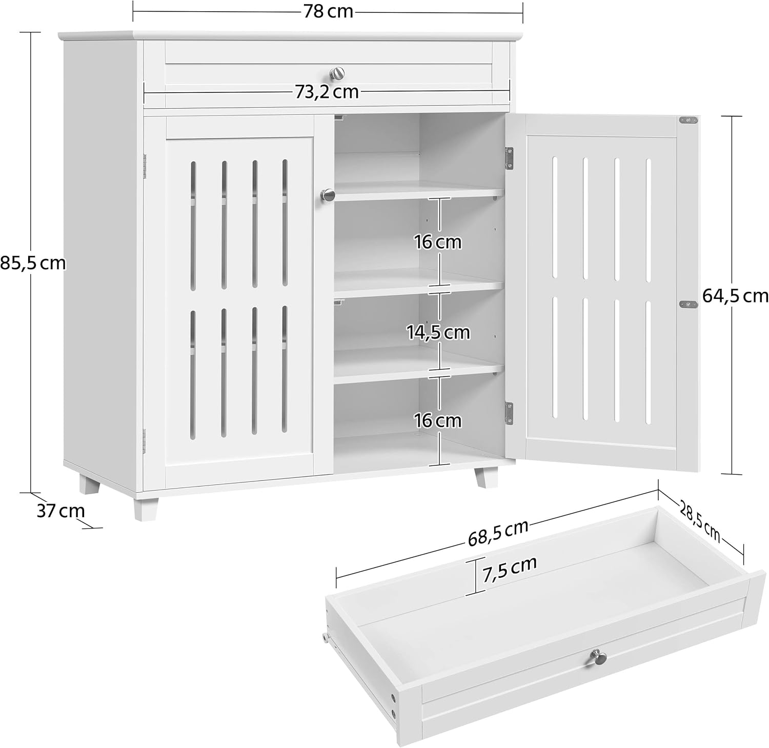 Yaheetech Schuschrank Schuhregal mit 1 Schublade und 2 Türen Schuhablage Verstellbare Einlegeböden Schuhkipper 4 Ablagefächer Holz Schuhkommode für High Heels/Stiefel, 78 × 37 × 85,5 cm