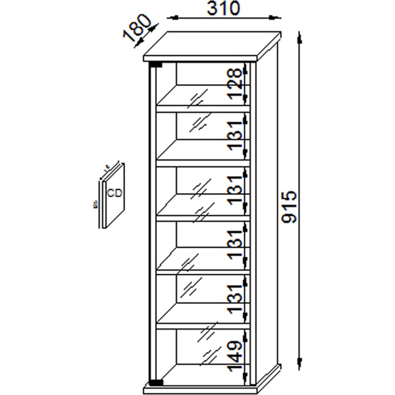VCM CD Regal Holz Vetro | platzsparender CD Schrank mit Glastüren für 150 CDs oder 65 DVDs | Maße: H. 92 x B. 31 x T. 18 cm | elegantes DVD Regal stehend | Blu ray Regal | CD Regal