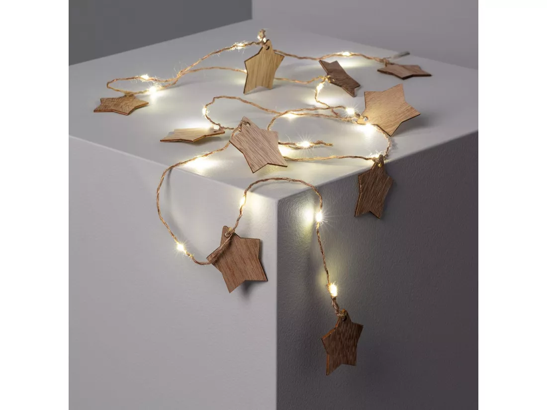 Guirlande Lumineuse LED Étoiles Bois avec Piles 2.2m Blanc Chaud 3000K