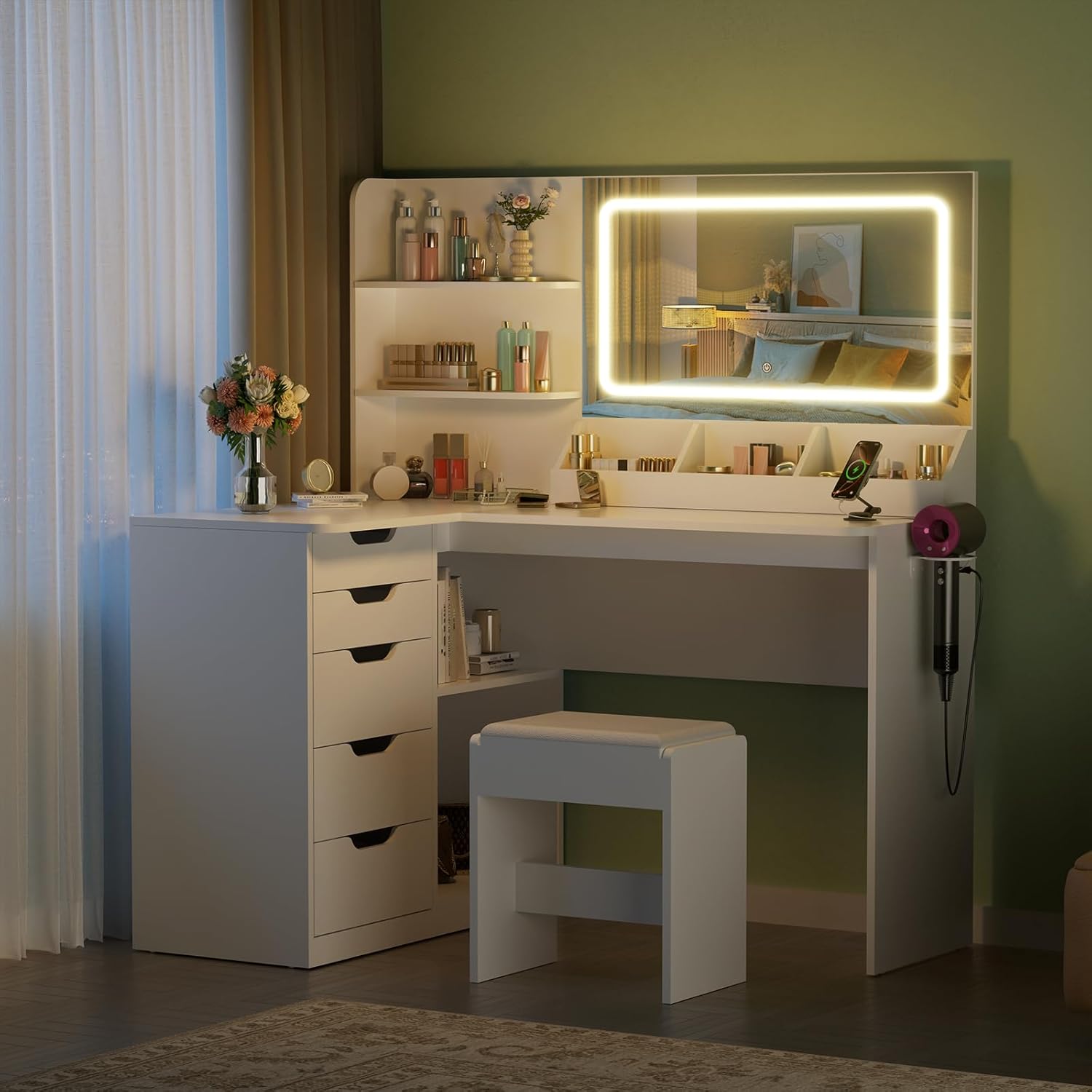 Devoko Große Schminktisch mit LED Beleuchtung und Hocker, Eck Frisiertisch mit Steckdose, 5 Schubladen, Offenen Ablagen, Haartrocknerhalter, für das Schlafzimmer (Weiß)