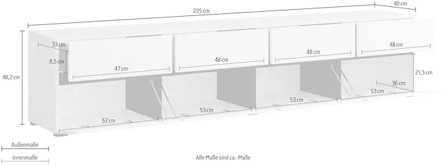 INOSIGN Lowboard »Cross, moderne grifflose TV-Kommode,4 Klappen/4 Schubkästen« Breite 225 cm, TV-Schrank mit viel Stauraum, TV-Board