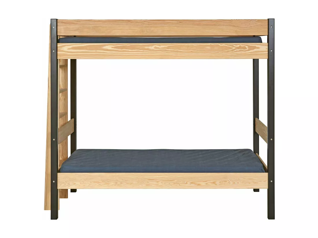Pack lit superposé avec matelas 90x190 cm bois massif noir et bois TINO