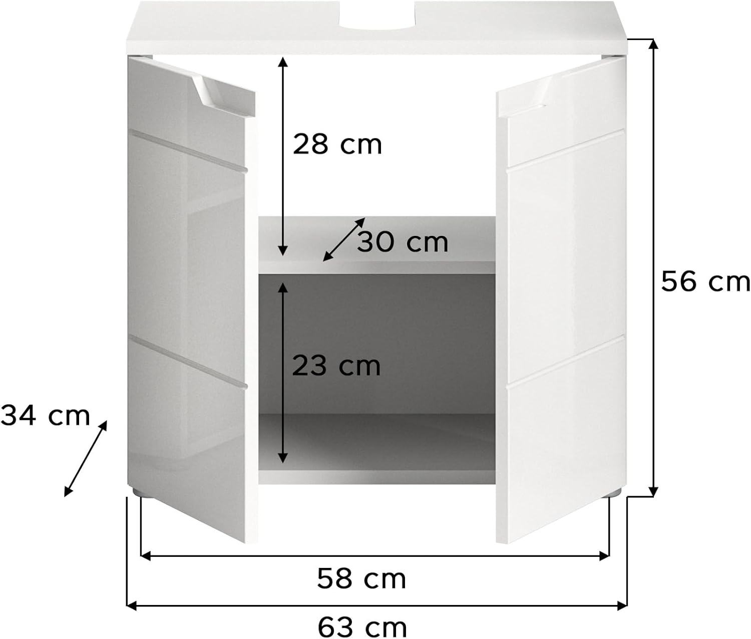 xonox.home - Waschbeckenunterschrank Solero 63x59x34 cm in Front weiß Hochglanz Tiefzieh Korpus weiß - Badunterschrank Waschtischunterschrank - modern und funktional
