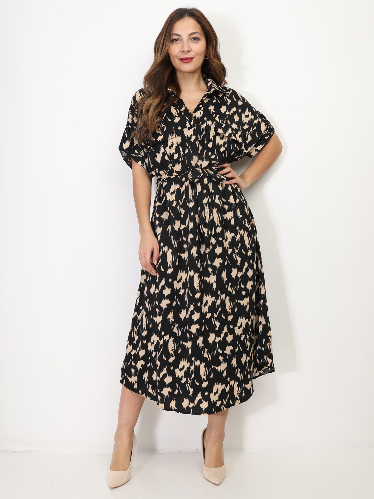 Robe saharienne mi-longue à motif abstrait- Noir