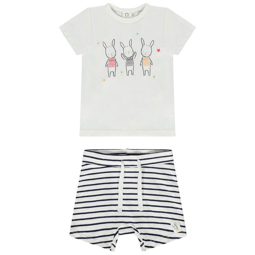 Ensemble court 2 pièces motif lapin avec short rayé pour bébé garçon - Ecru