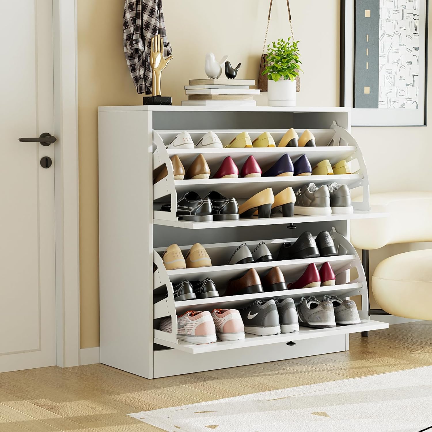 VOWNER Schuhschrank mit 2 Klappen, Schuhregal Schuhkipper Schmal, mit 6 Fächern, Schuhschrank Weiss, Verstellbar, Anti-Kipp-Vorrichtung für Eingangsbereich, Flur, 80 x 30 x 80 cm