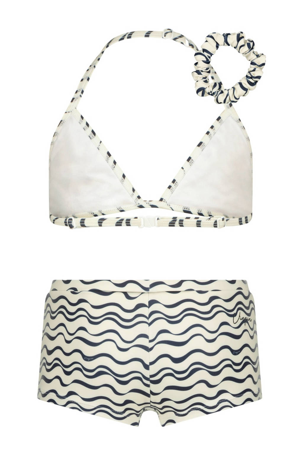 Fijne bikinitriangel bikini Zabine met scrunchie wit/zwart