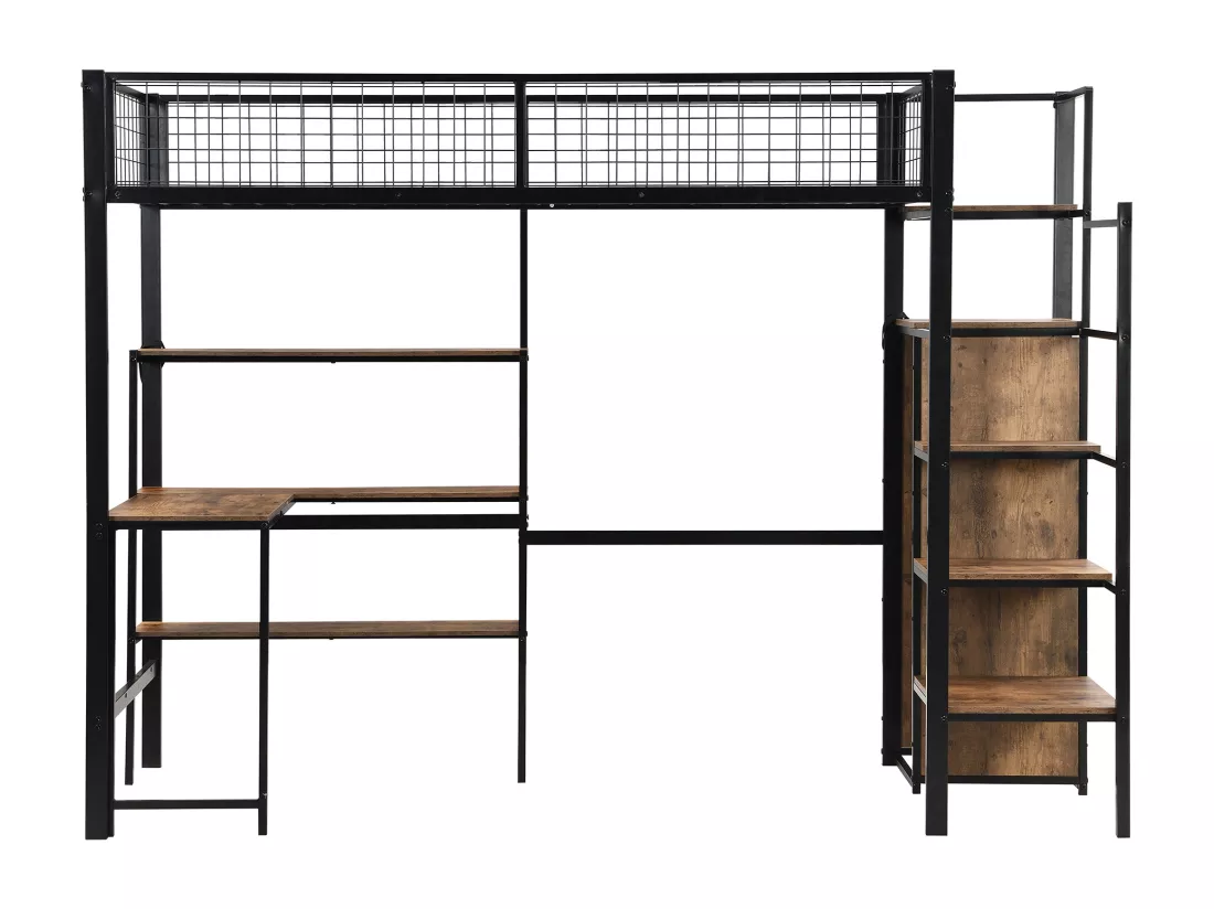 Lit mezzanine 90 x 200 cm avec bureau, étagères et armoire - Métal + MDF - Sommier à lattes - noir + marron