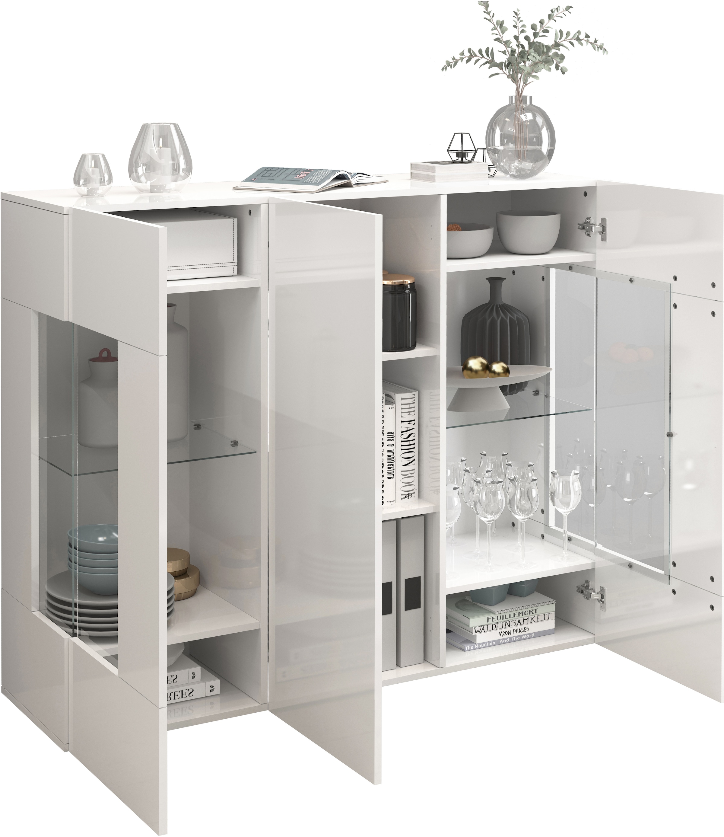 INOSIGN Highboard »Egypt, Highboard, Hochschrank, Hochkommode, Vitrine« mit 3 Türen davon 2 mit Glaseinsatz,kompl. Hochglanz lack.,Breite 135