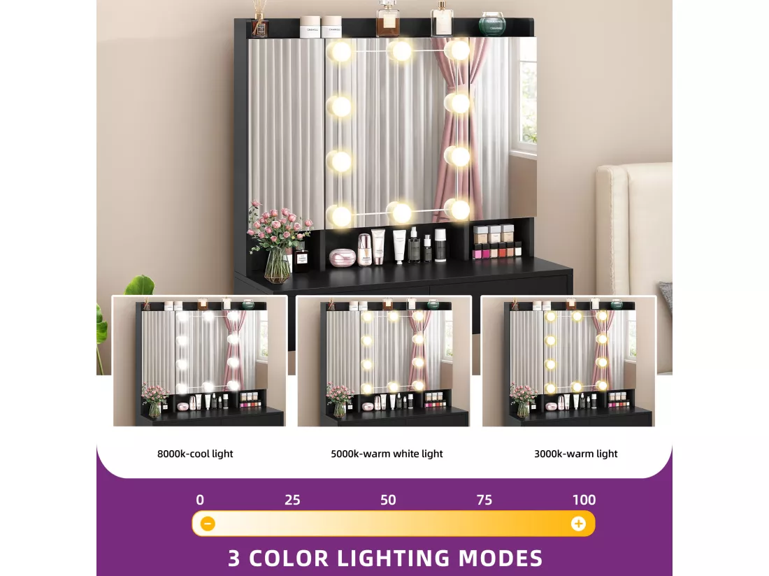 YITAHOME Coiffeuse avec Miroir - 3 Couleurs avec Luminosité Réglable - Coiffeuse avec Étagères pour Maquillage - 2 tiroirs - Noir