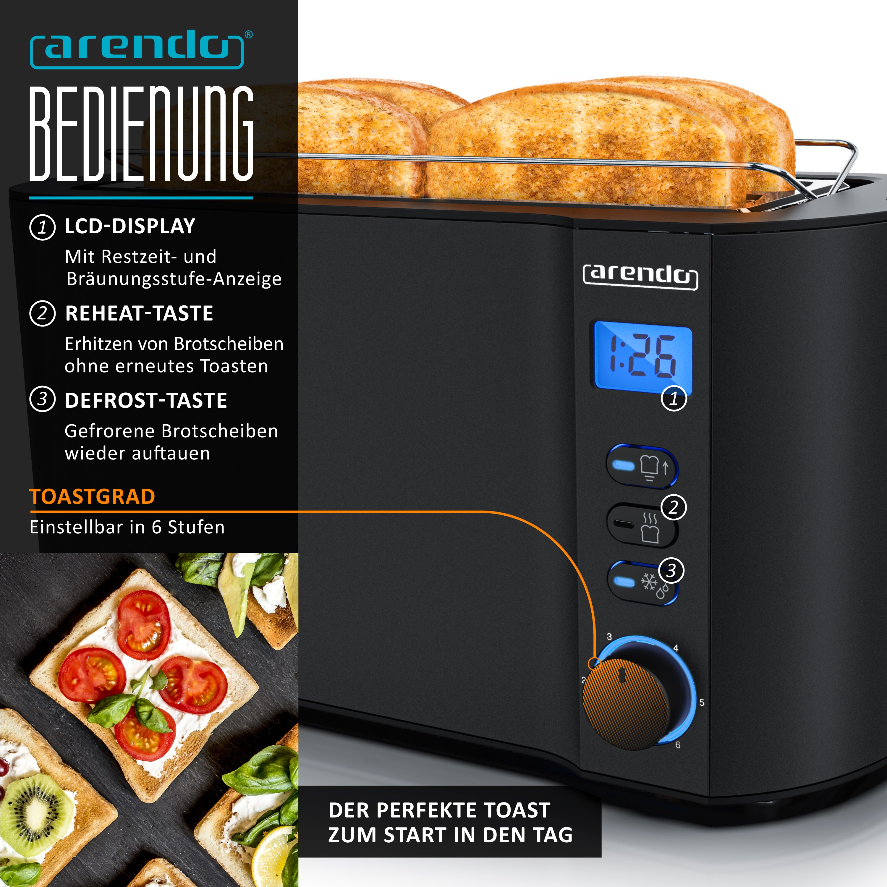 Arendo - Set Toaster MANHA mit Eierkocher SIXCOOK Edelstahl Schwarz, Toaster 4 Scheiben, LED-Display, 6 Bräunungsgrade, Brötchenhalter - Eierkocher