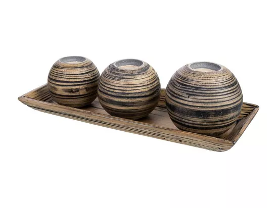 Ensemble plateau et 3 bougeoirs en bois de bambou marron 33x13x3h cm