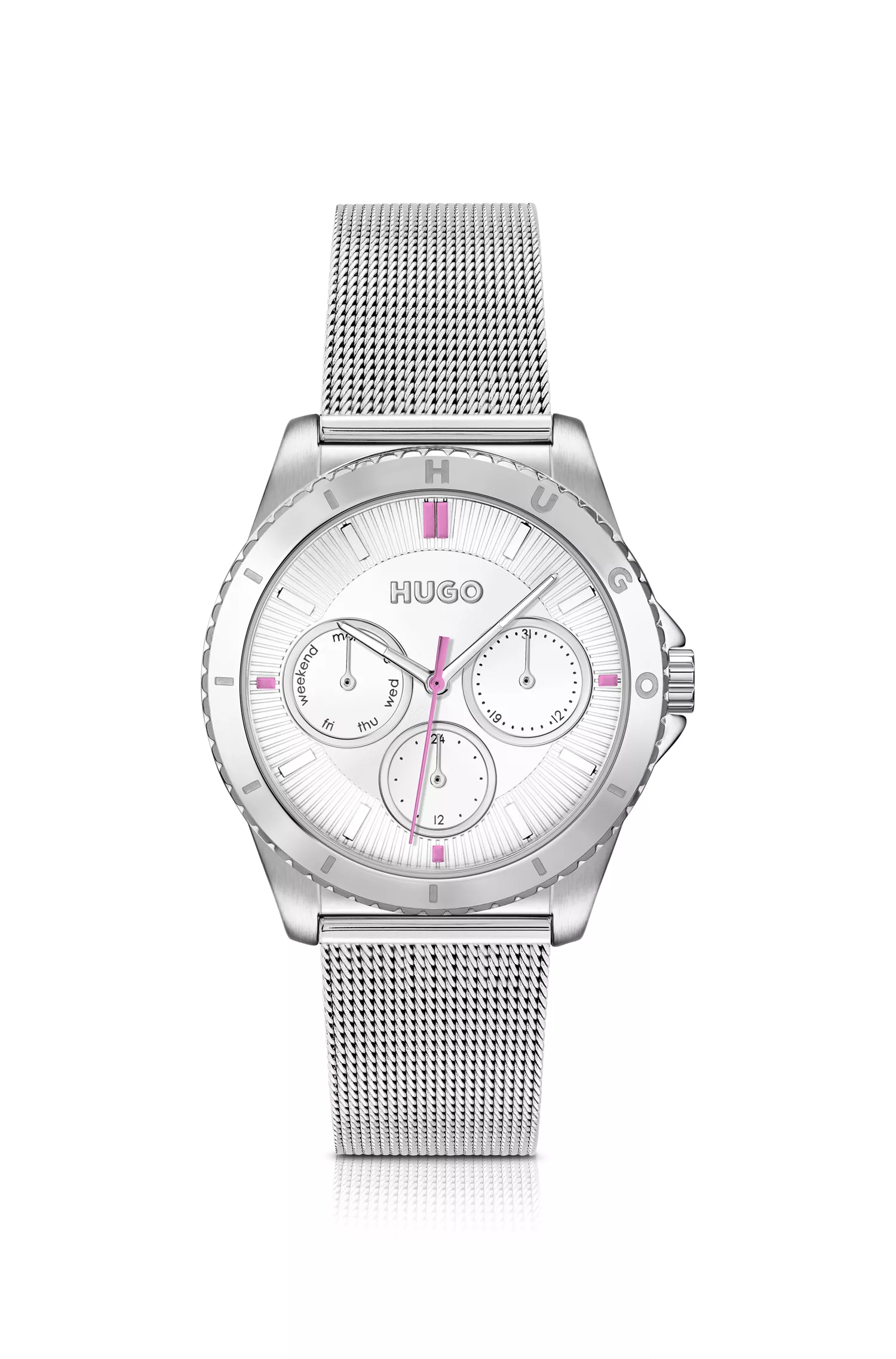 Relógio HUGO com pulseira de malha vermelha em aço prateado com logotipo.
