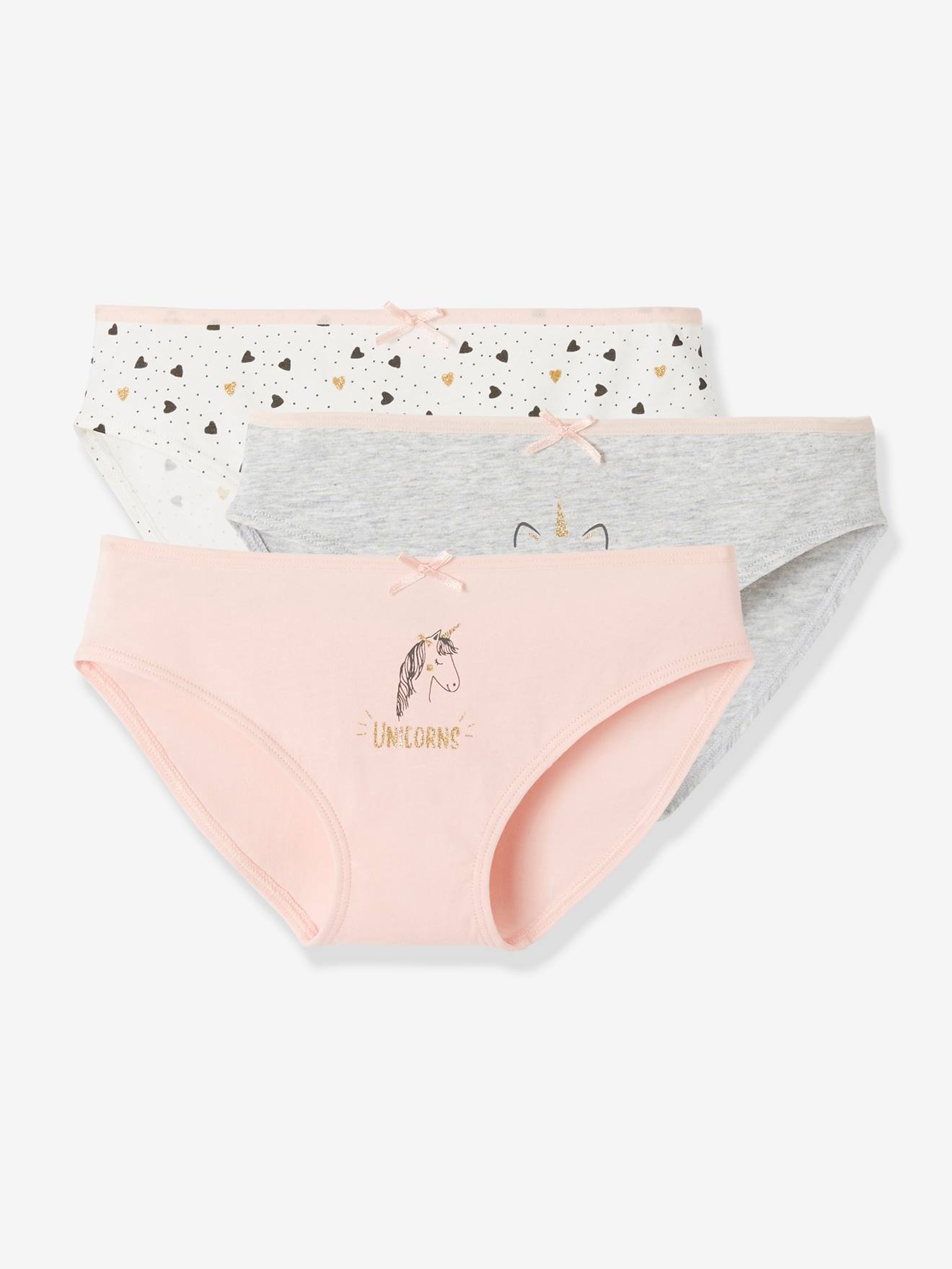 Conjunto de 3 calcinhas com estampas de gatos e unicórnios, para meninas, rosa claro liso com detalhes.