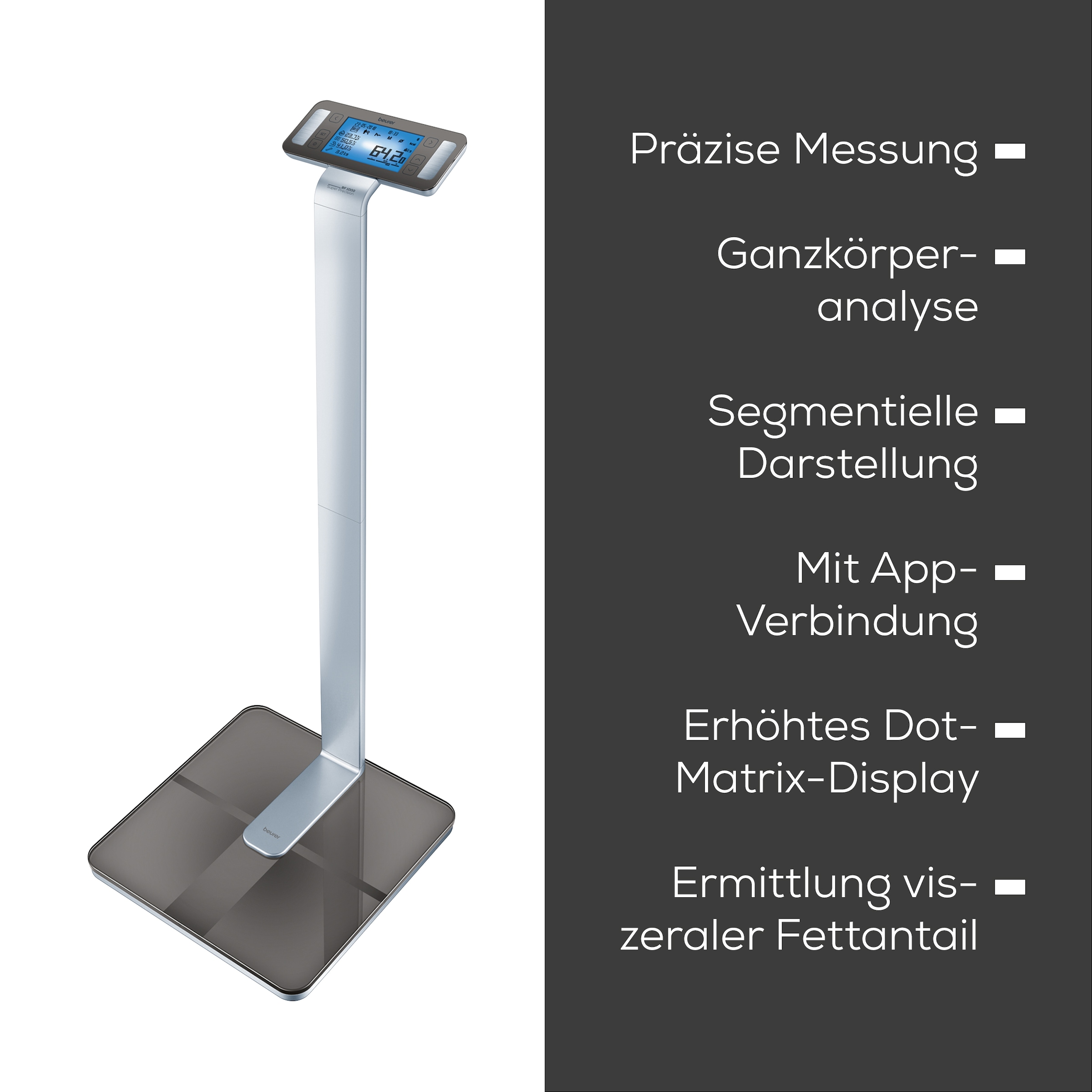 BEURER Körper-Analyse-Waage »BF 1000 zur Überkreuzmessung mit 8 Elektroden zur Ganzkörperanalyse« Messung von Viszeralfett, Körperfett, Muskelanteil, Knochenmasse etc.