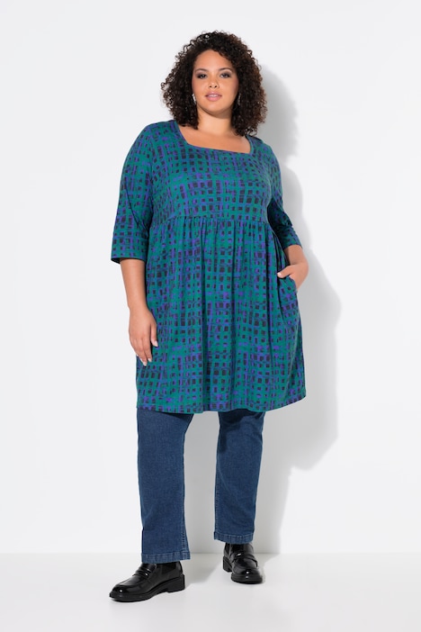 Longshirt, Karo, A-Linie, Carree-Ausschnitt, 3/4-Arm