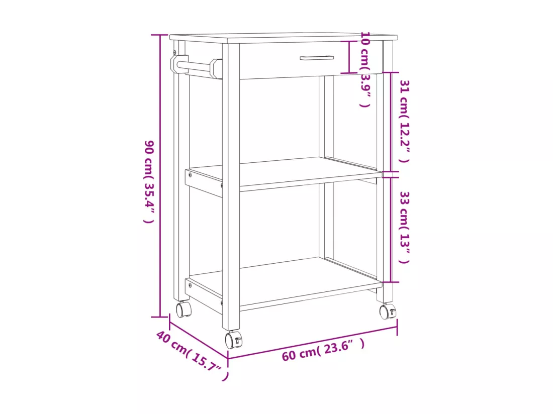 Chariot de cuisine MONZA 60x40x90 cm bois massif de pin