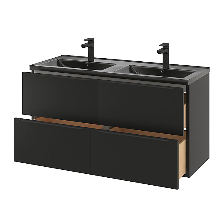 Ensemble salle de bains l.120 cm meuble à suspendre Imandra noir mat + plan doublevasque céramique noir