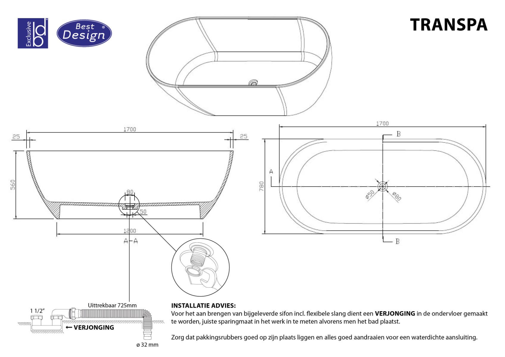 Best Design Transpa Black vrijstaand bad 170x78x56cm