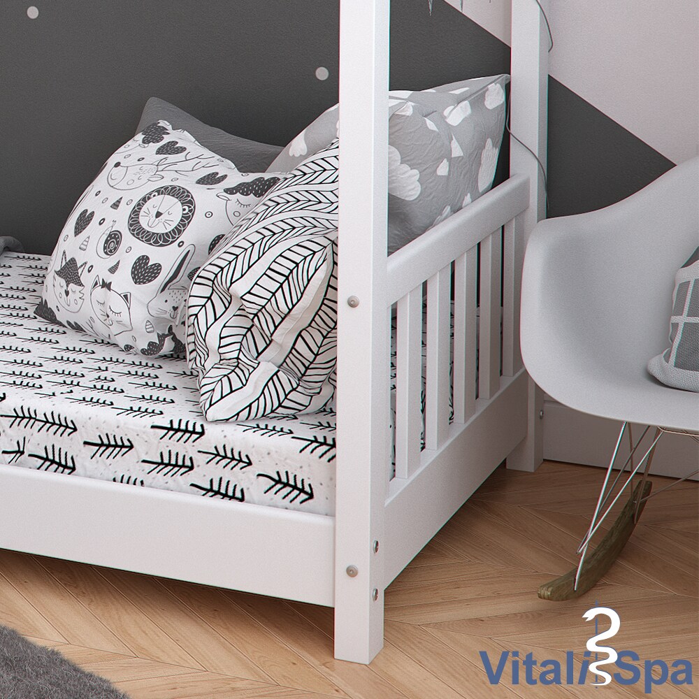 VITALISPA Kinderbett Hausbett DESIGN 80x160cm Weiß Zaun Kinder Holz Haus Hausbett mit Matratze