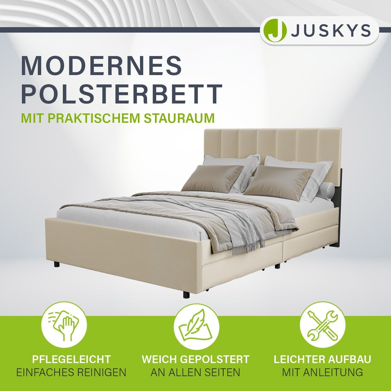 Juskys Samt Polsterbett Soria 140x200 cm mit Matratze, Lattenrost & Schubladen - Bett Beige