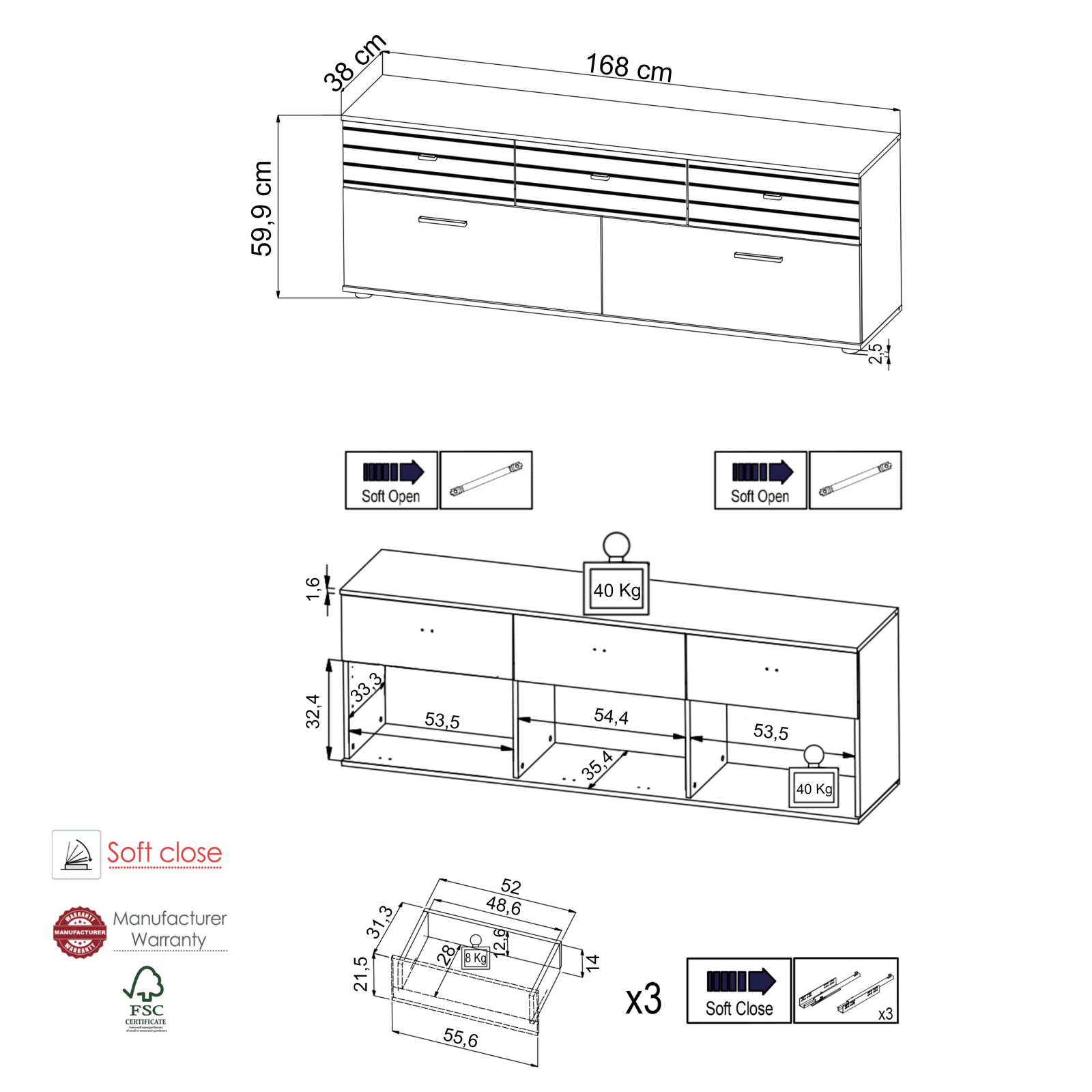 TV-Lowboard BARLET - weiß-Artisan Eiche - 168 cm