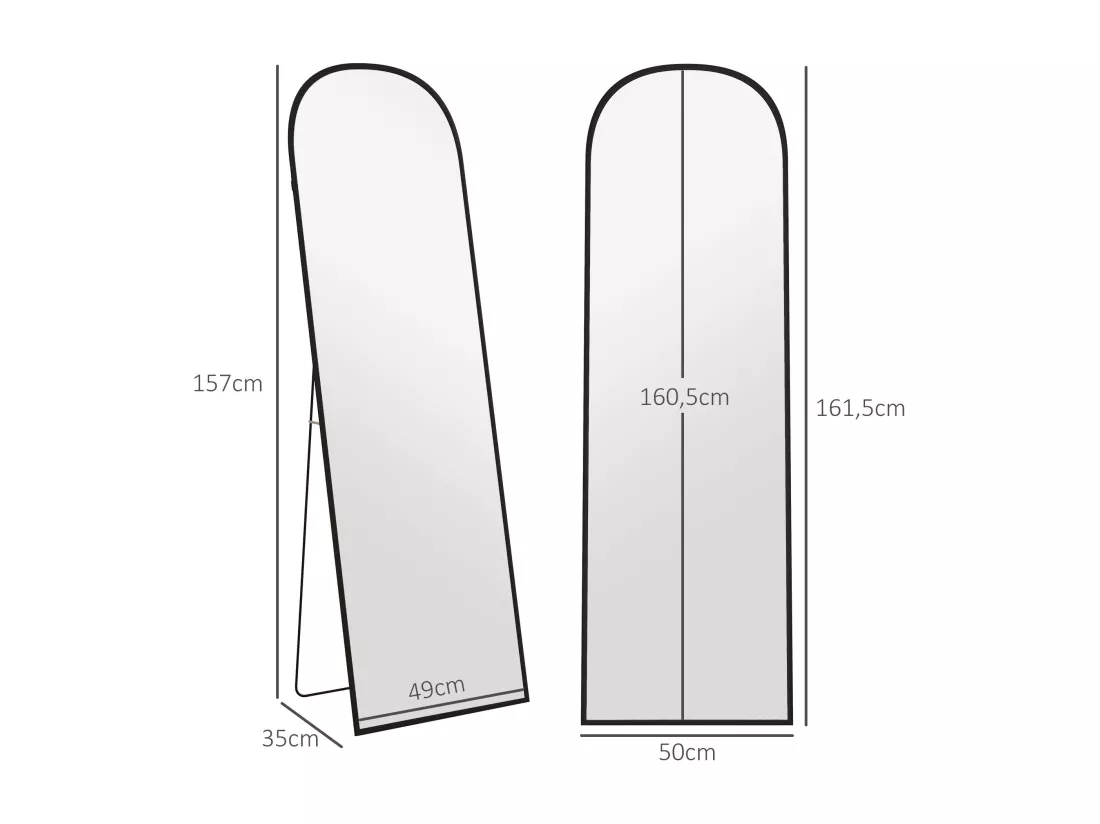 Miroir sur pied - miroir mural rectangulaire arrondi - dim. 50L x 161,5H cm - alu. noir