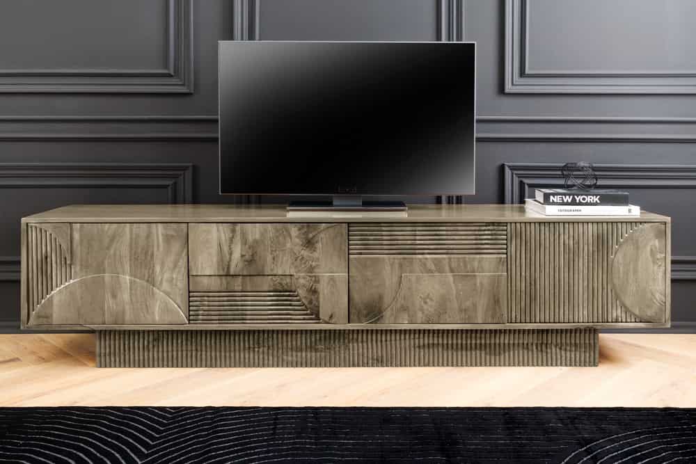 Massives TV-Board ART DECO 200cm grau Mangoholz Lowboard 3D-Front