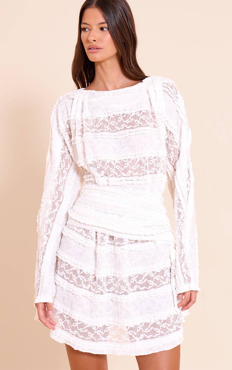 Blanc Robe Droite Courte En Dentelle À Encolure Bateau