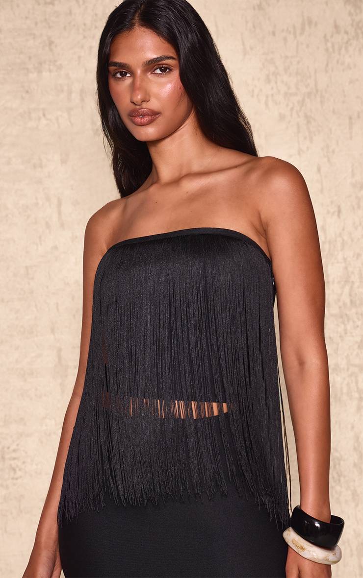 Noir Top Bandeau À Franges Effet Bandage