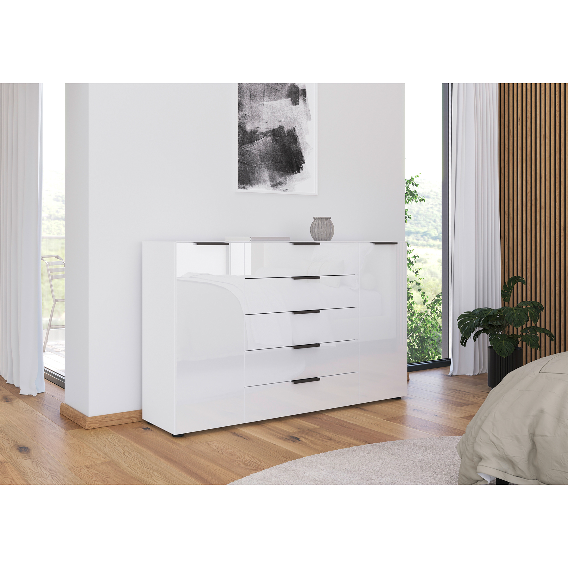 Kommode - alpinweiß-Kristallweißglas - Graphitgriffe - 160 cm