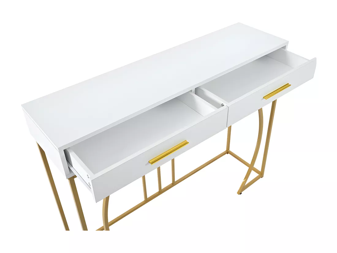 Console avec 2 tiroirs - style moderne - Blanc & Doré